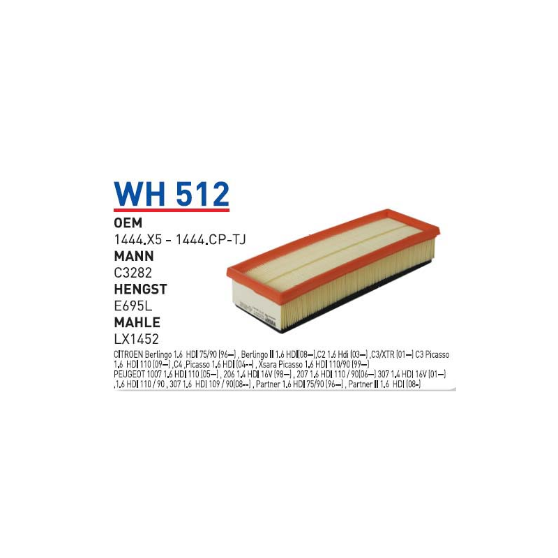 Wh512 oem 1444.X5-1444.Cp-tj peugeot 207-307-308 partner 1.6 hdi dw10ated otomobil hava filtre air filter