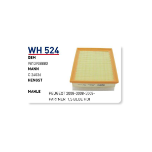 Wh524 oem 9813908880 peugeot 2008-3008-5008-partner 1,5 blue hdi otomobil hava filtre air filter