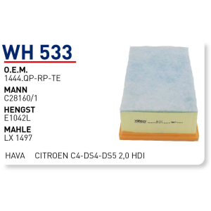 Wh533 oem 1444.QP-RP-TE peugeot 3008-5008 2,0 hdi otomobil hava filtre air filter
