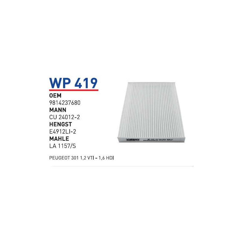 Wp419 oem 9814237680 peugeot 301 1.2 vti-1.6 hdi otomobil polen filtre pollen filter