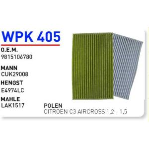 Wpk405 oem 9815106780 citroen C3 Aircross 1,2-1,5 otomobil polen filtre pollen filter