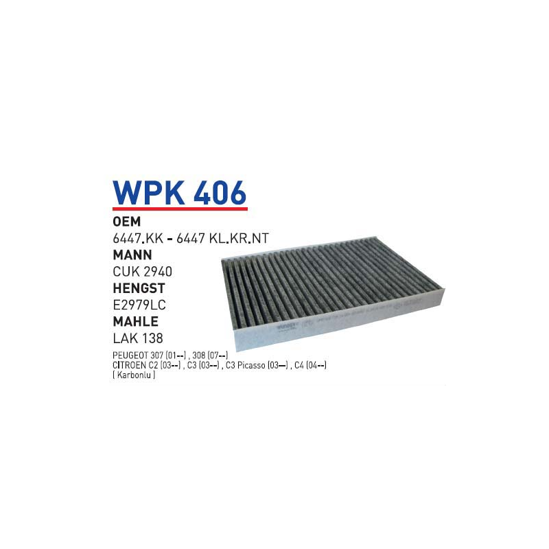 Wpk406 oem 6447.KK-6447KL.KR.NT peugeot 307 otomobil polen filtre pollen filter