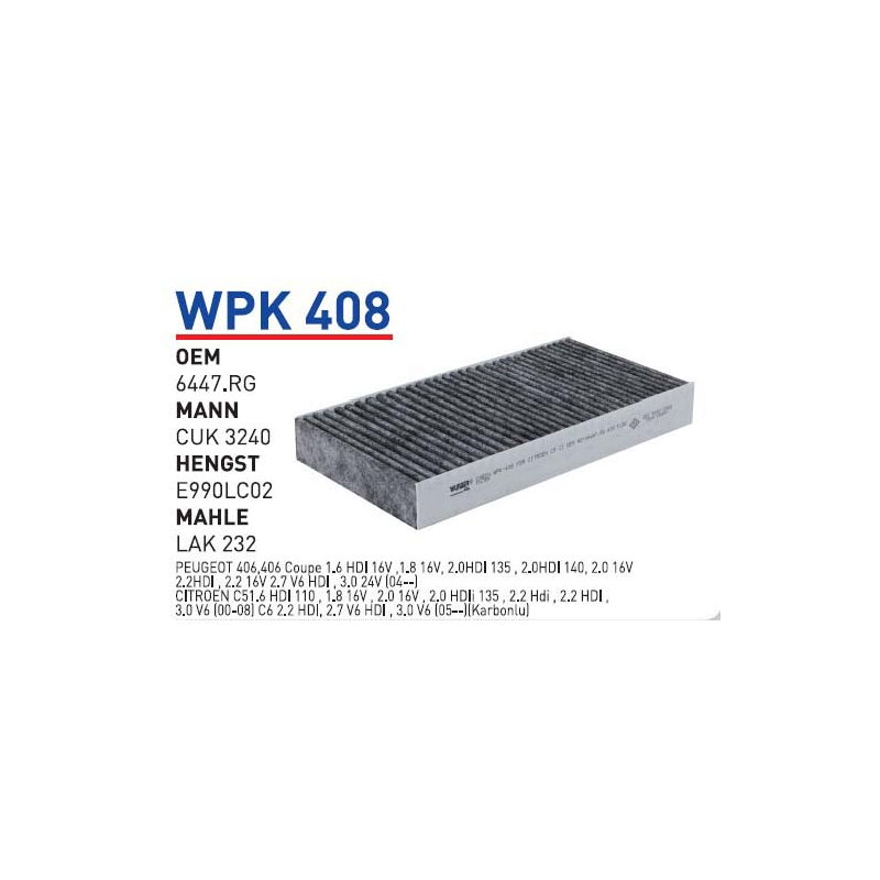 Wpk408 oem 6447.RG peugeot 407,407 coupe 1.6 hdi otomobil polen filtre pollen filter